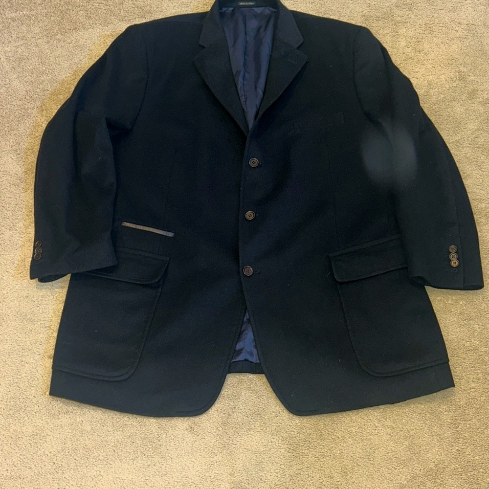 Patrick James Navy Wool Blazer w Leather trim 2XLT